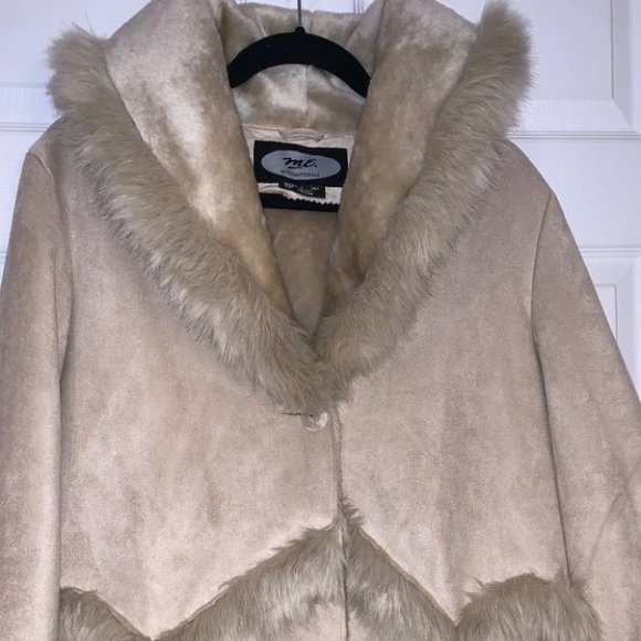 Vintage Faux Suede Coat Women’s Size Medium M. E. Internationale Long Fur Beige - Picture 4 of 11